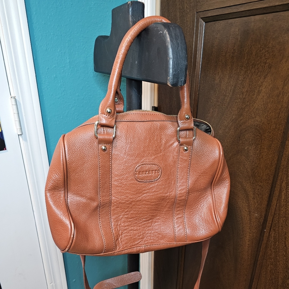 Torzetto Loreto Cognac Pebbled Camel Leather Convertable Satchel Crossbody.